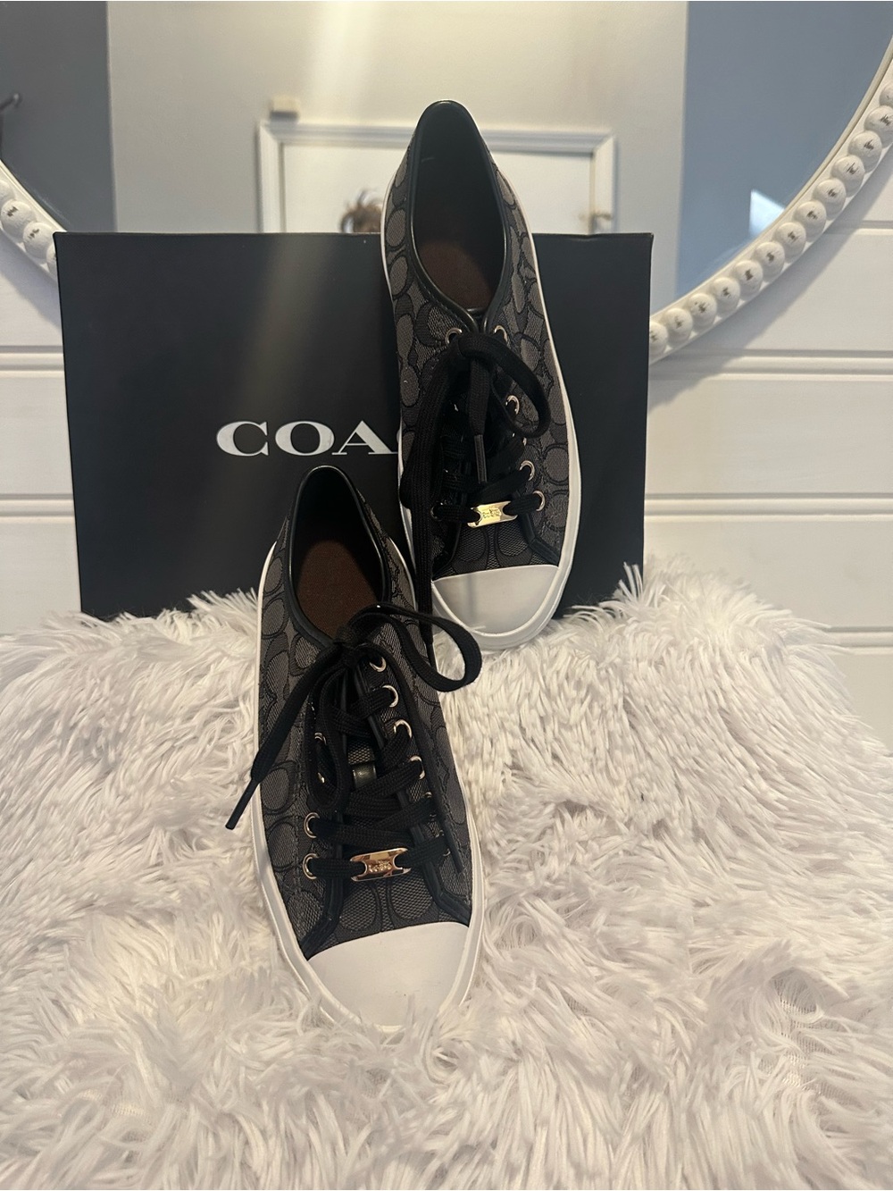 Coach Black Signature Canvas Low-Top Sneakers with White Toe Cap